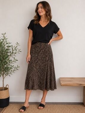 DressBarn Brown Black Cream Yoga Waistband Jersey Pull On Midi Skirt Medium